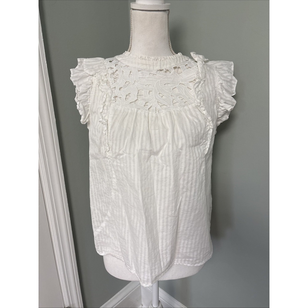 Caballero‎ Blouse Eyelet White Short Sleeve Ruffle Size Small